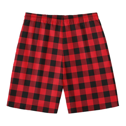Cardinal Red Buffalo Check Pattern Print Men's Swim Trunks