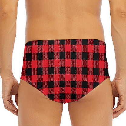 Cardinal Red Buffalo Check Pattern Print Men's Triangle Swim Briefs