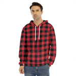 Cardinal Red Buffalo Check Pattern Print Men's Velvet Pullover Hoodie