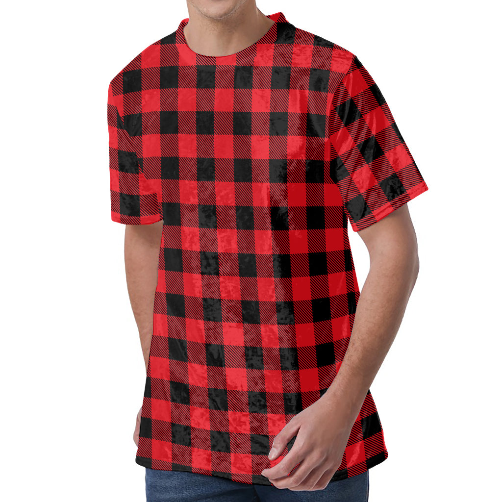 Cardinal Red Buffalo Check Pattern Print Men's Velvet T-Shirt