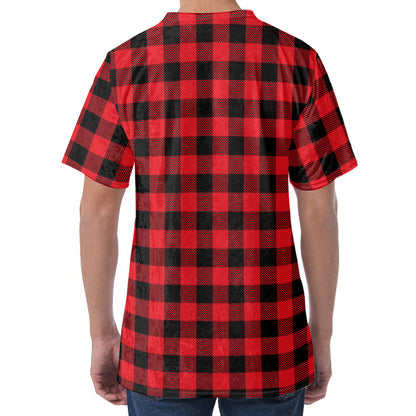 Cardinal Red Buffalo Check Pattern Print Men's Velvet T-Shirt