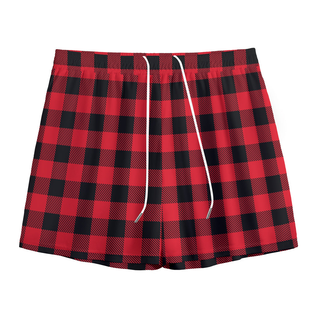 Cardinal Red Buffalo Check Pattern Print Mesh Shorts