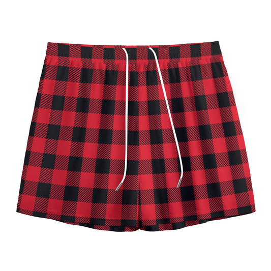 Cardinal Red Buffalo Check Pattern Print Mesh Shorts