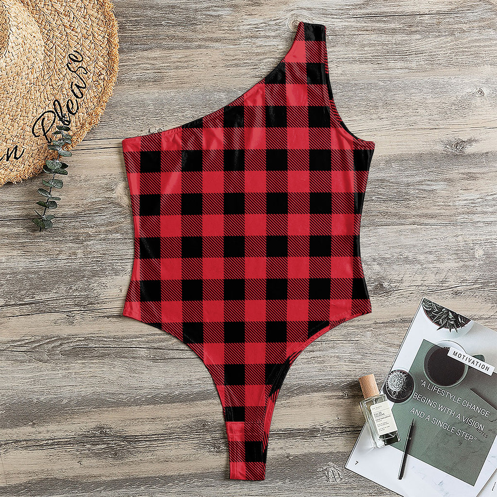 Cardinal Red Buffalo Check Pattern Print One Shoulder Bodysuit