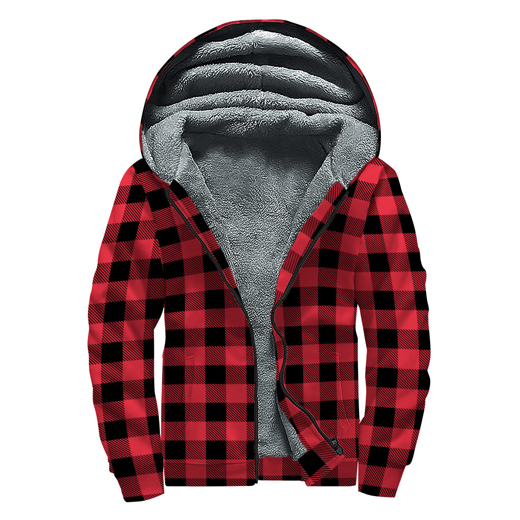 Cardinal Red Buffalo Check Pattern Print Sherpa Lined Zip Up Hoodie