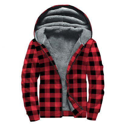 Cardinal Red Buffalo Check Pattern Print Sherpa Lined Zip Up Hoodie