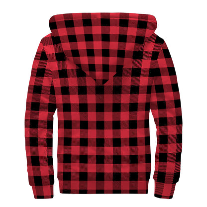 Cardinal Red Buffalo Check Pattern Print Sherpa Lined Zip Up Hoodie