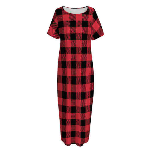 Cardinal Red Buffalo Check Pattern Print Short Sleeve Long Nightdress