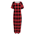 Cardinal Red Buffalo Check Pattern Print Short Sleeve Long Nightdress