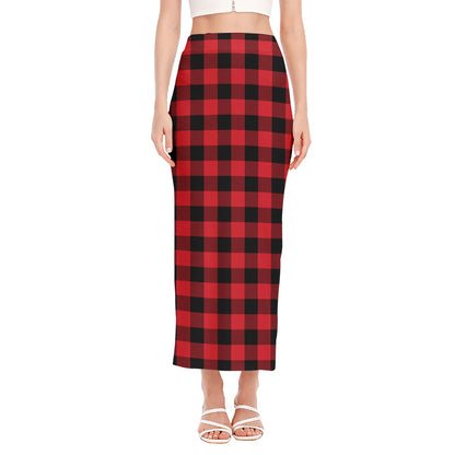 Cardinal Red Buffalo Check Pattern Print Side Slit Maxi Skirt