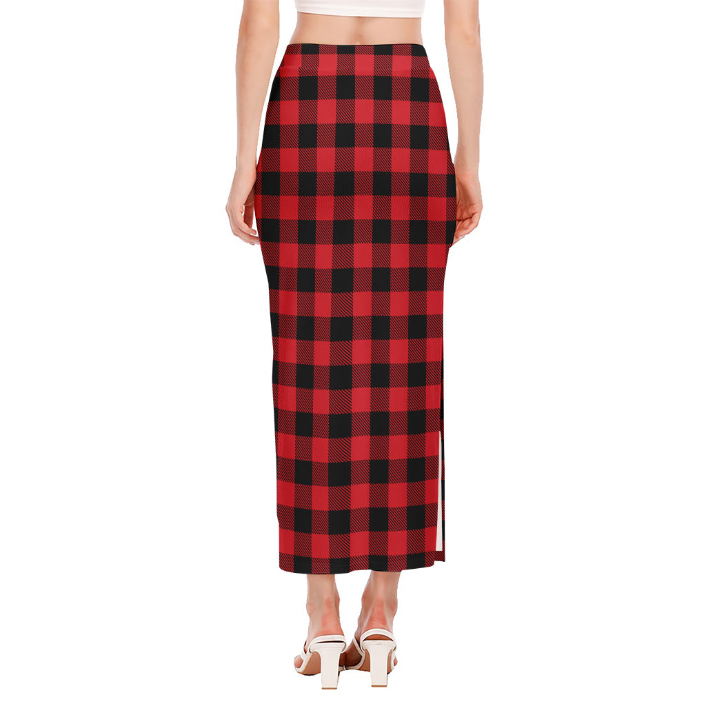 Cardinal Red Buffalo Check Pattern Print Side Slit Maxi Skirt