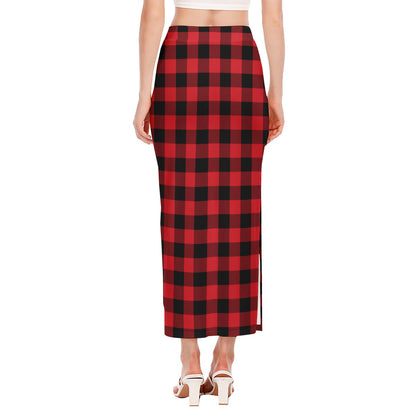 Cardinal Red Buffalo Check Pattern Print Side Slit Maxi Skirt