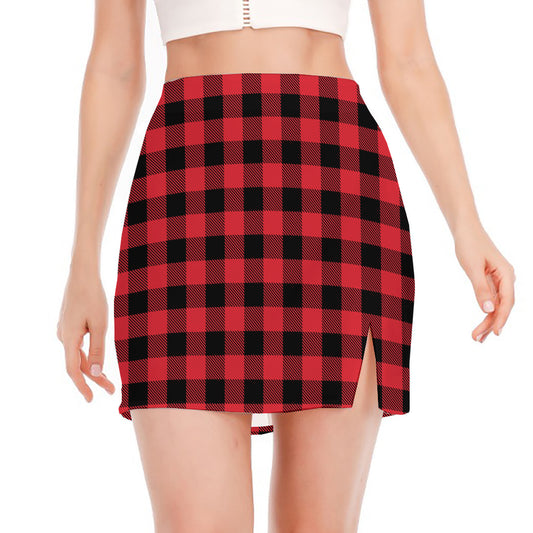 Cardinal Red Buffalo Check Pattern Print Side Slit Mini Skirt