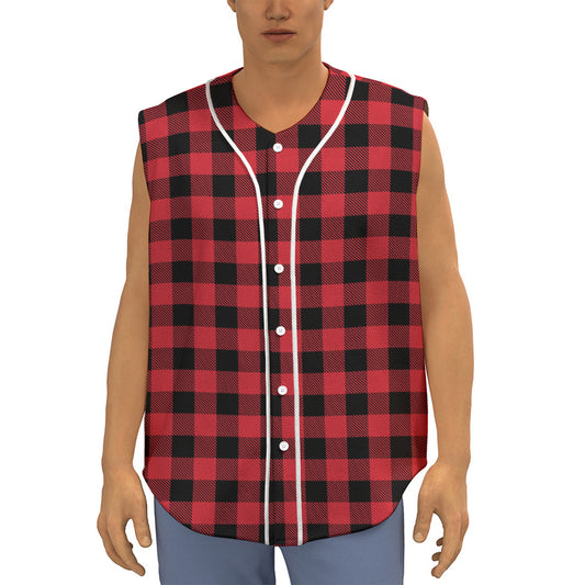 Cardinal Red Buffalo Check Pattern Print Sleeveless Baseball Jersey