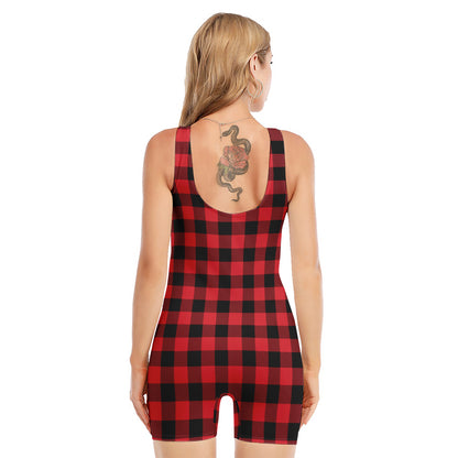 Cardinal Red Buffalo Check Pattern Print Sleeveless One Piece Swimsuit