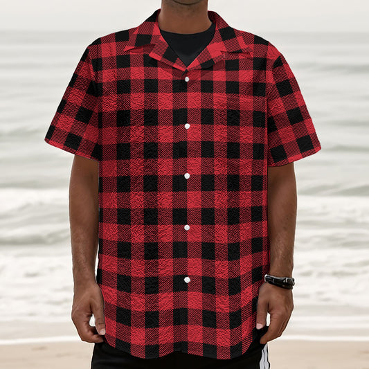 Cardinal Red Buffalo Check Pattern Print Textured Short Sleeve Shirt