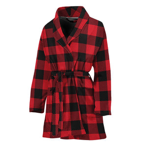 Cardinal Red Buffalo Check Pattern Print Women's Bathrobe