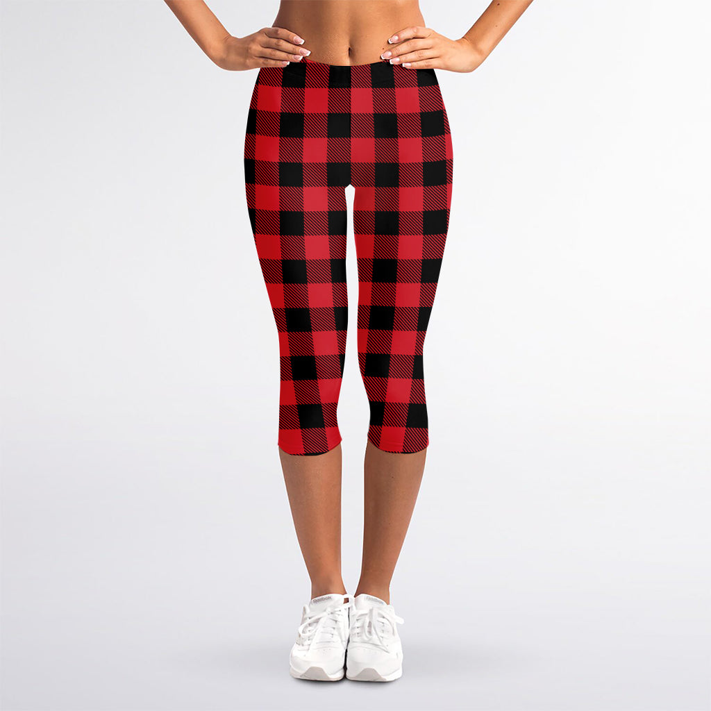 Cardinal Red Buffalo Check Pattern Print Women's Capri Leggings