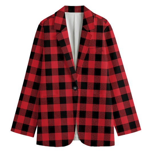 Cardinal Red Buffalo Check Pattern Print Women's Cotton Blazer