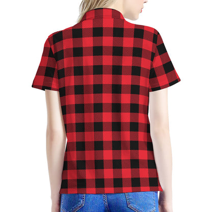 Cardinal Red Buffalo Check Pattern Print Women's Polo Shirt