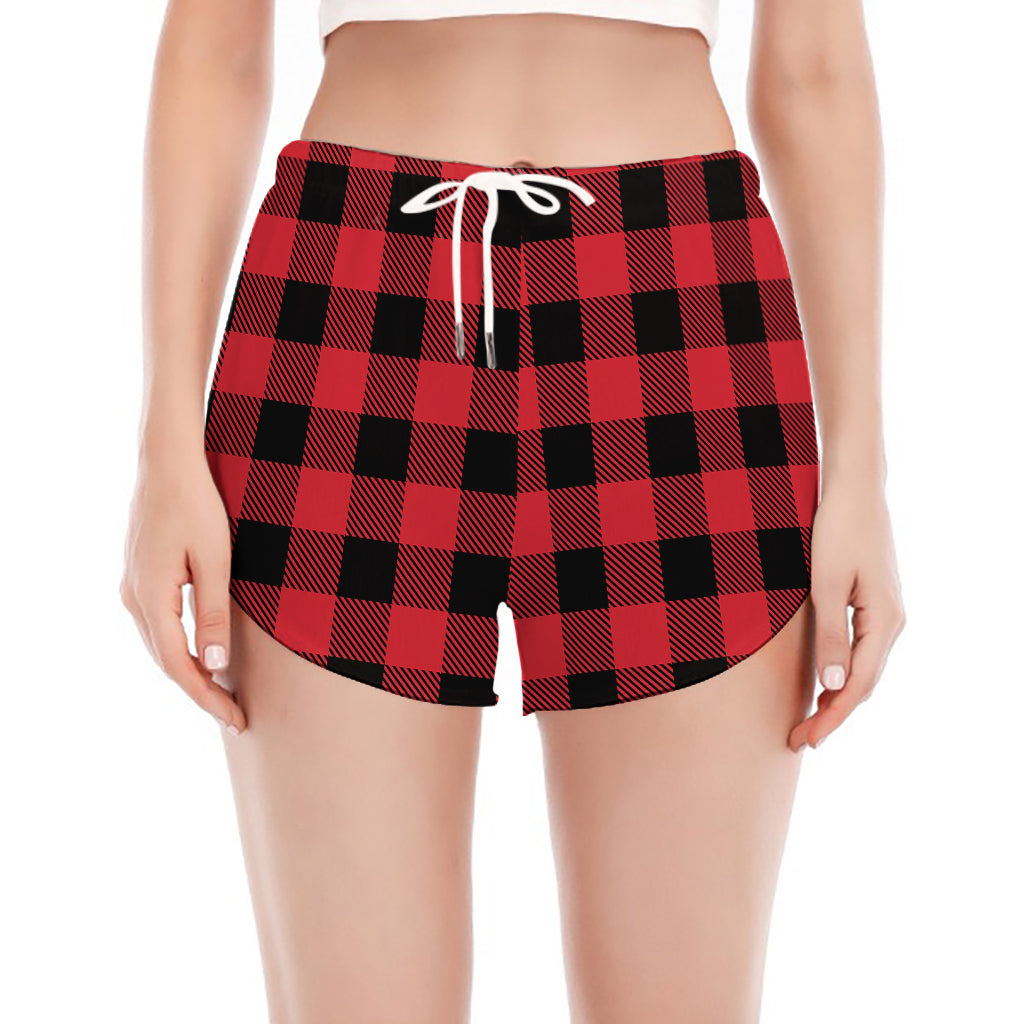 Cardinal Red Buffalo Check Pattern Print Women's Split Running Shorts