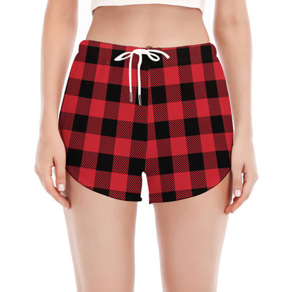 Cardinal Red Buffalo Check Pattern Print Women's Split Running Shorts