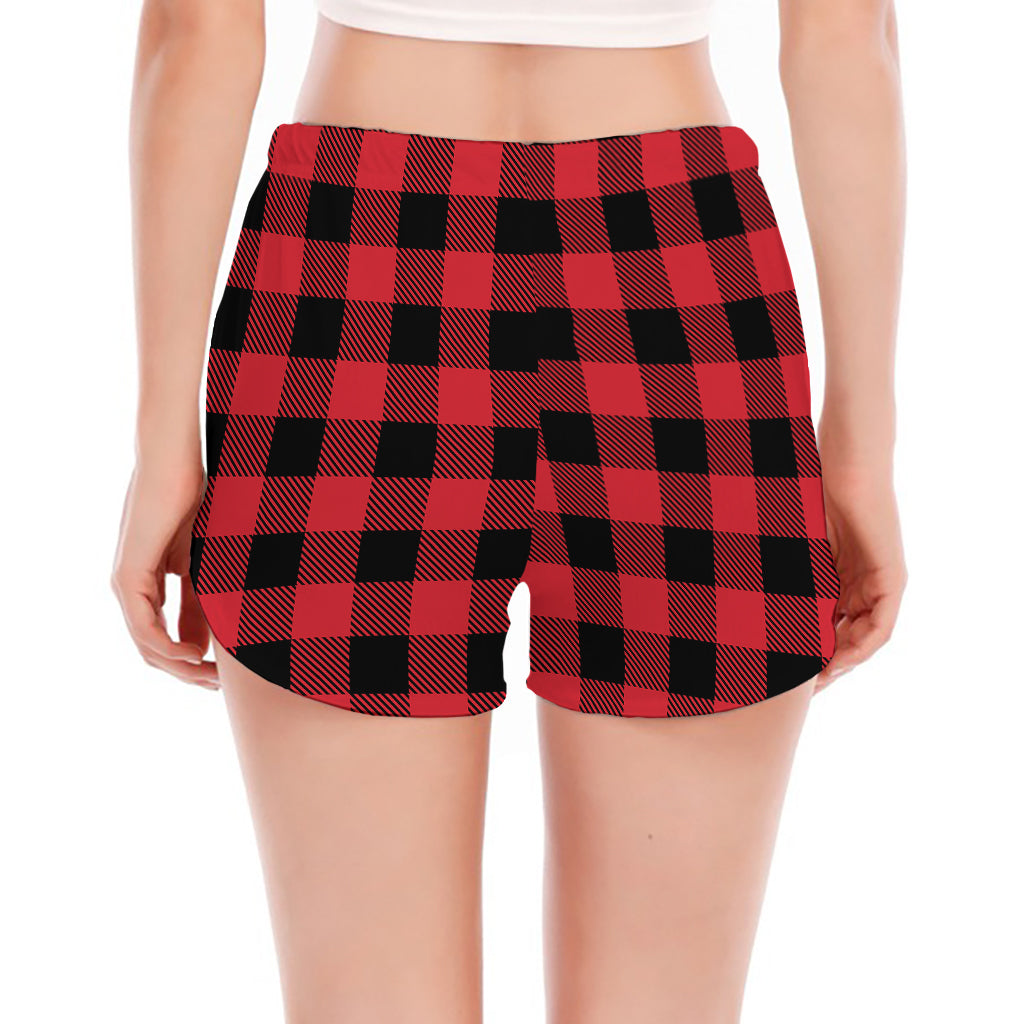 Cardinal Red Buffalo Check Pattern Print Women's Split Running Shorts