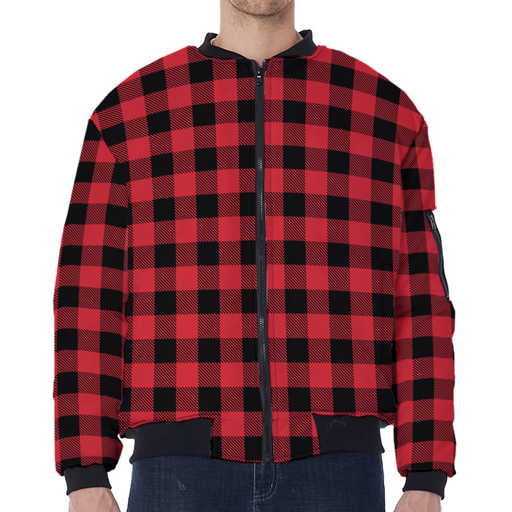 Cardinal Red Buffalo Check Pattern Print Zip Sleeve Bomber Jacket