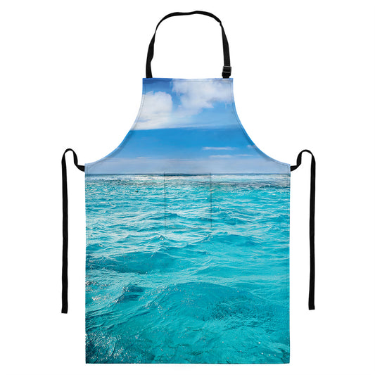 Caribbean Ocean Print Bib Apron With Pocket