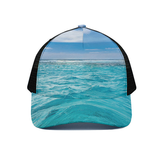 Caribbean Ocean Print Black Mesh Trucker Cap