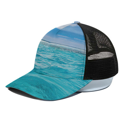 Caribbean Ocean Print Black Mesh Trucker Cap