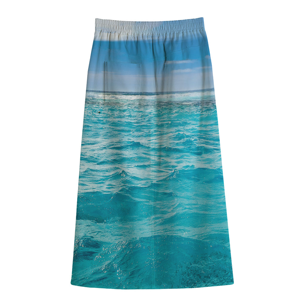 Caribbean Ocean Print Cotton Front Slit Maxi Skirt