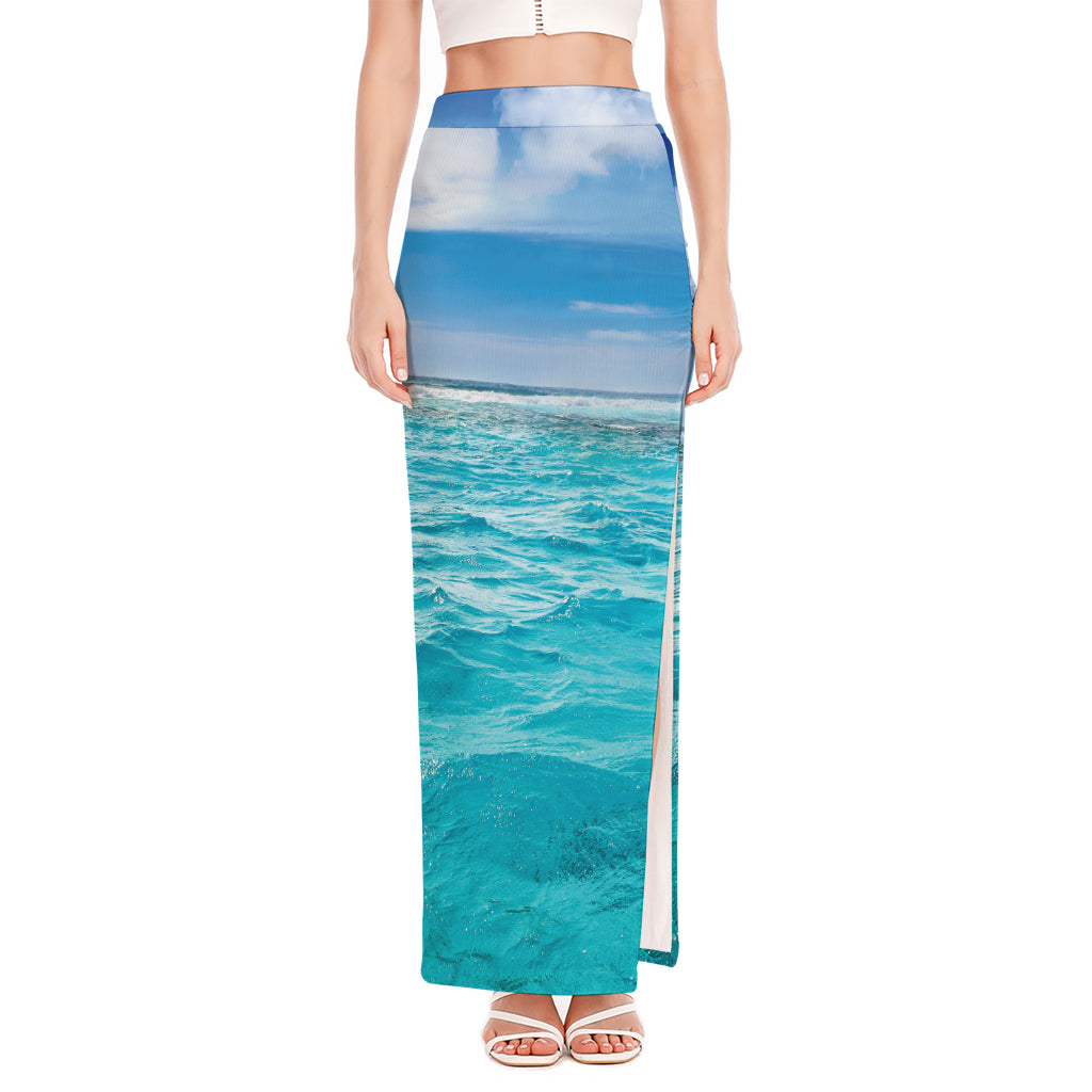 Caribbean Ocean Print High Slit Maxi Skirt