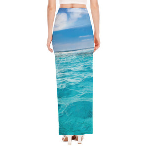 Caribbean Ocean Print High Slit Maxi Skirt