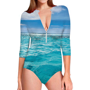 Caribbean Ocean Print Long Sleeve Swimsuit