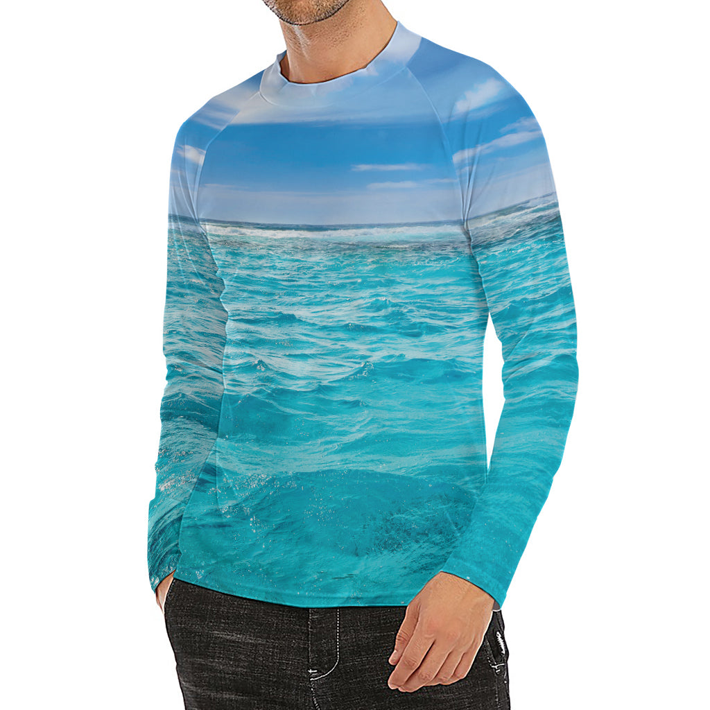 Caribbean Ocean Print Men's Long Sleeve Rash Guard