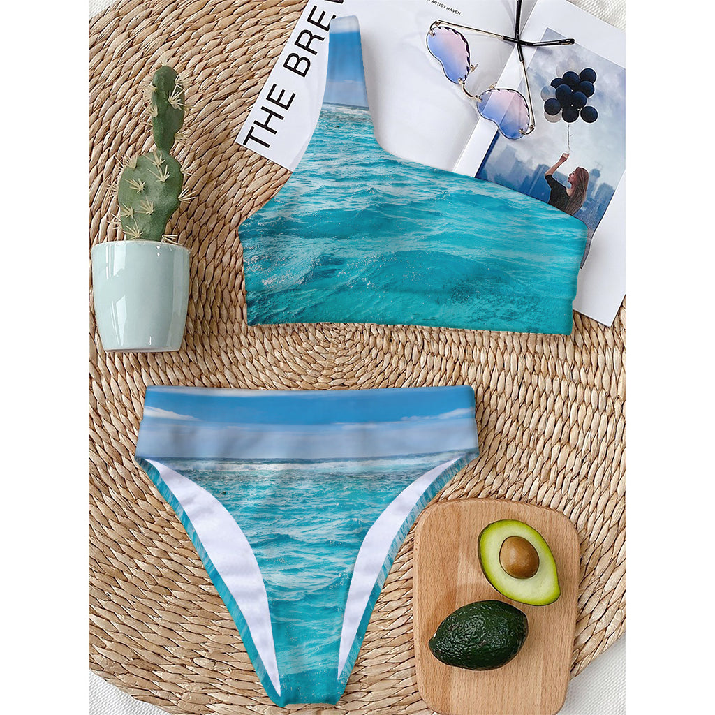 Caribbean Ocean Print One Shoulder Bikini Top