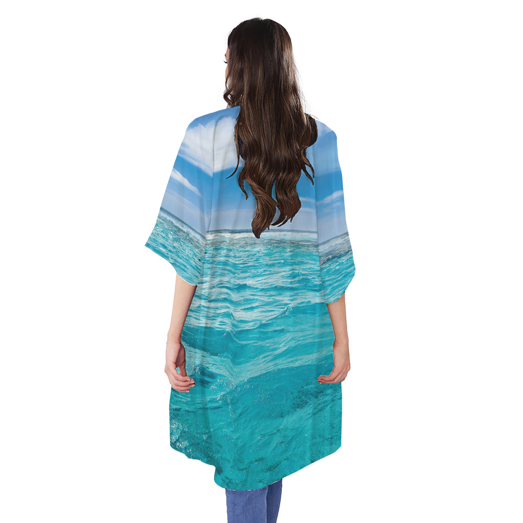 Caribbean Ocean Print Open Front Beach Cover Up