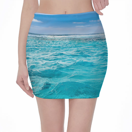 Caribbean Ocean Print Pencil Mini Skirt