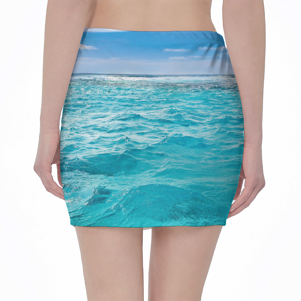 Caribbean Ocean Print Pencil Mini Skirt