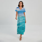 Caribbean Ocean Print Short Sleeve Maxi Dress