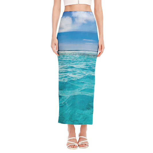 Caribbean Ocean Print Side Slit Maxi Skirt