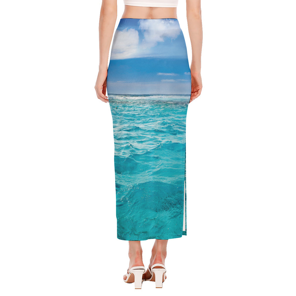 Caribbean Ocean Print Side Slit Maxi Skirt