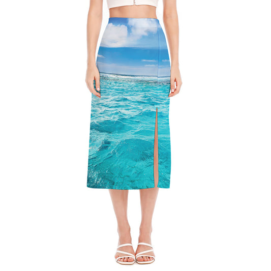 Caribbean Ocean Print Side Slit Midi Skirt