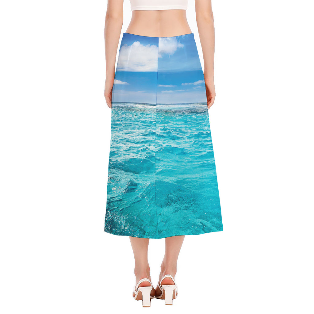 Caribbean Ocean Print Side Slit Midi Skirt
