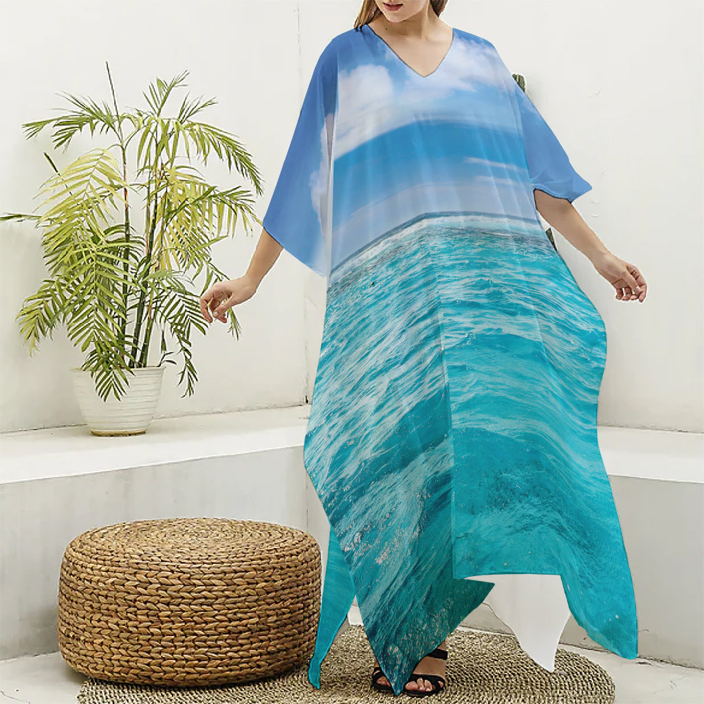 Caribbean Ocean Print Silk V-Neck Kaftan Dress