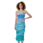 Caribbean Ocean Print Slim Fit Midi Cami Dress