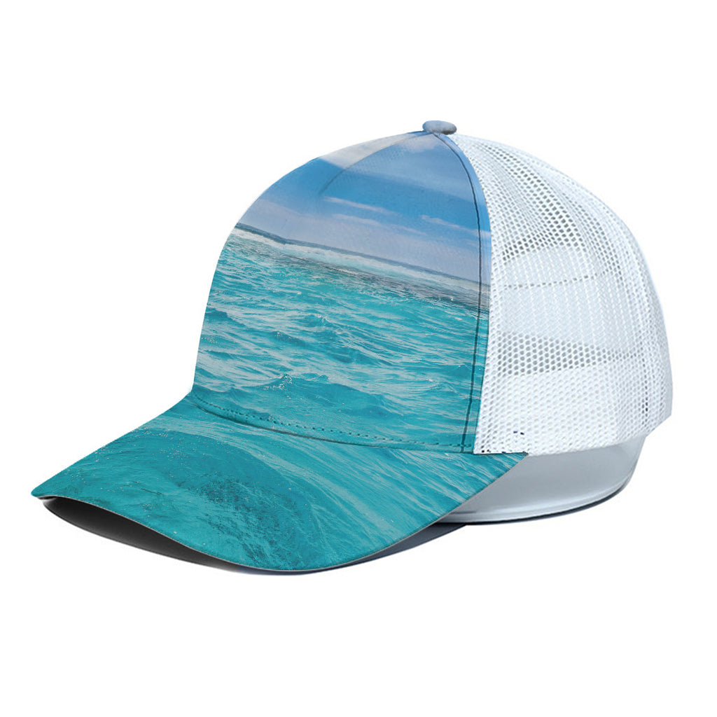 Caribbean Ocean Print White Mesh Trucker Cap