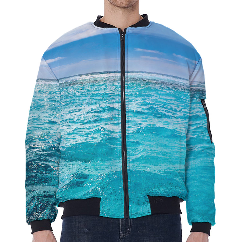 Caribbean Ocean Print Zip Sleeve Bomber Jacket