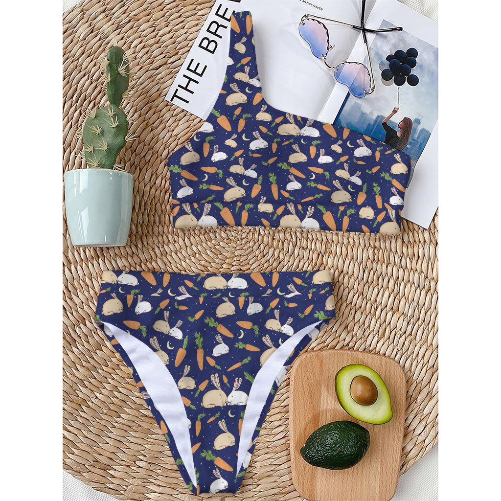 Carrot And Rabbit Pattern Print One Shoulder Bikini Top